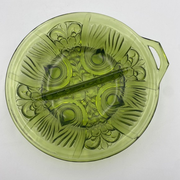 Other - Vintage Green Glass Divided Relish Dish Art Deco Peacock Feather Pattern 7.25in